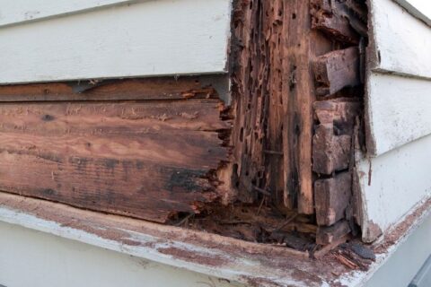 Termite damage and wood rot showing beneath siding