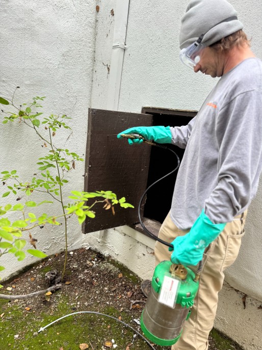Technician applying orange oil termite treatment to a wood door in the Bay Area, CA